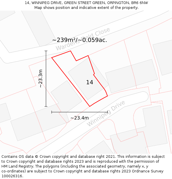 14, WINNIPEG DRIVE, GREEN STREET GREEN, ORPINGTON, BR6 6NW: Plot and title map