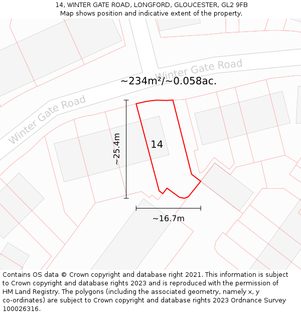 14, WINTER GATE ROAD, LONGFORD, GLOUCESTER, GL2 9FB: Plot and title map