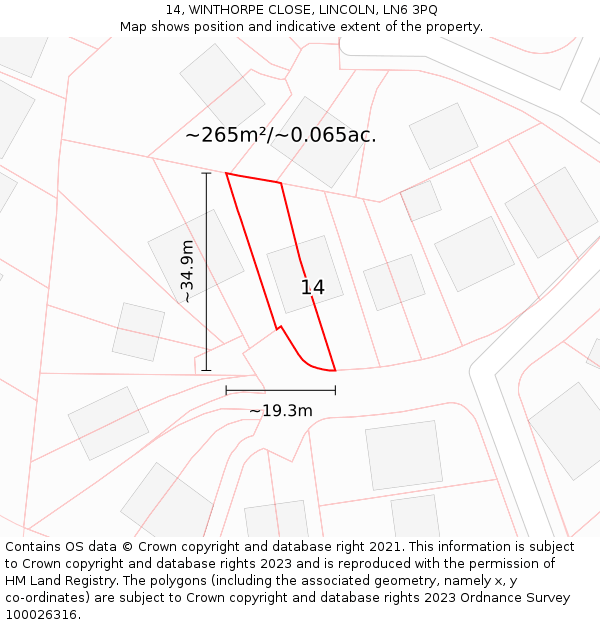 14, WINTHORPE CLOSE, LINCOLN, LN6 3PQ: Plot and title map