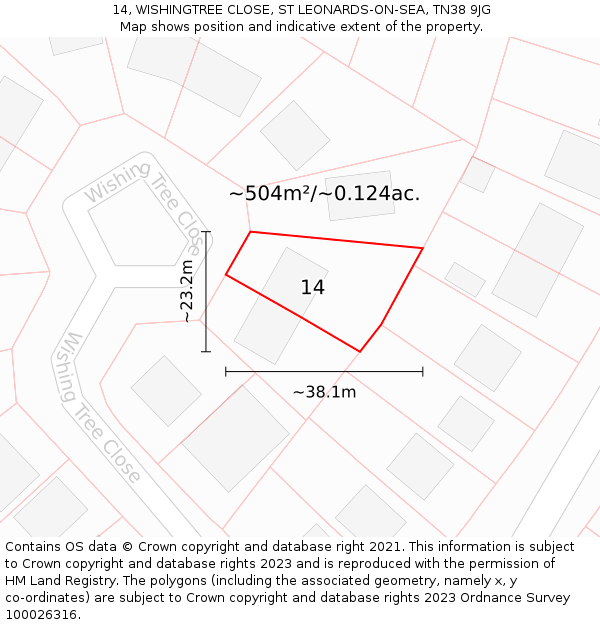 14, WISHINGTREE CLOSE, ST LEONARDS-ON-SEA, TN38 9JG: Plot and title map