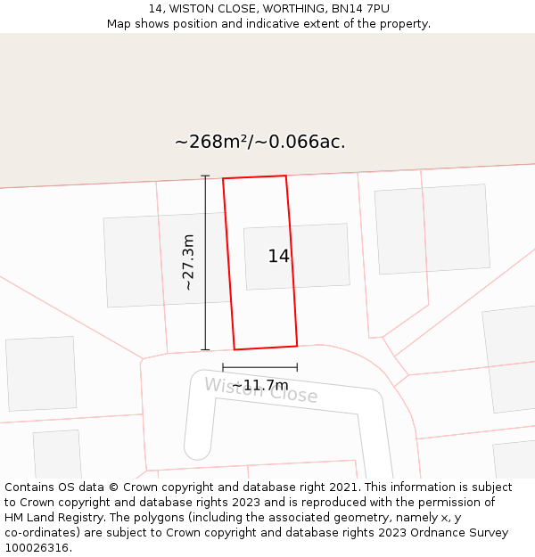 14, WISTON CLOSE, WORTHING, BN14 7PU: Plot and title map