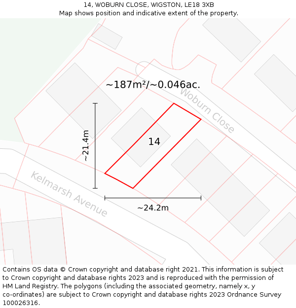 14, WOBURN CLOSE, WIGSTON, LE18 3XB: Plot and title map