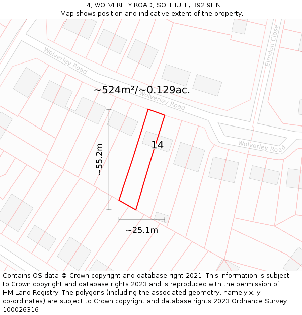 14, WOLVERLEY ROAD, SOLIHULL, B92 9HN: Plot and title map