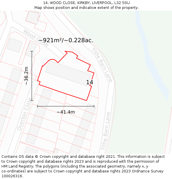 14, WOOD CLOSE, KIRKBY, LIVERPOOL, L32 5SU: Plot and title map