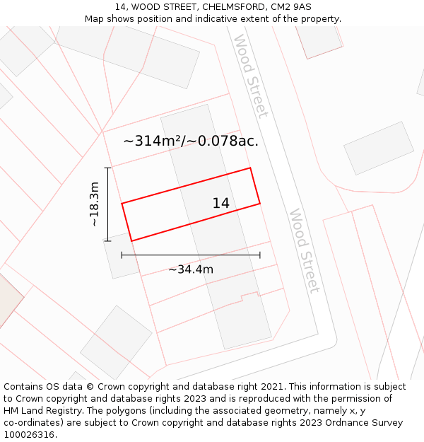 14, WOOD STREET, CHELMSFORD, CM2 9AS: Plot and title map