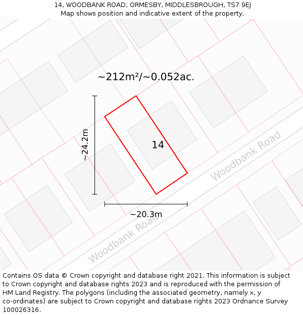 14, WOODBANK ROAD, ORMESBY, MIDDLESBROUGH, TS7 9EJ: Plot and title map