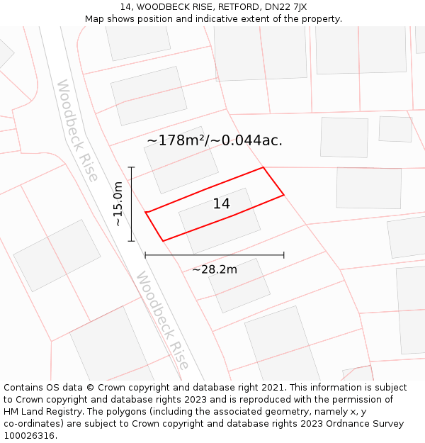 14, WOODBECK RISE, RETFORD, DN22 7JX: Plot and title map