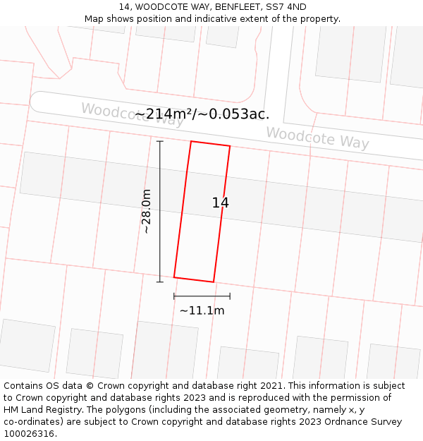 14, WOODCOTE WAY, BENFLEET, SS7 4ND: Plot and title map