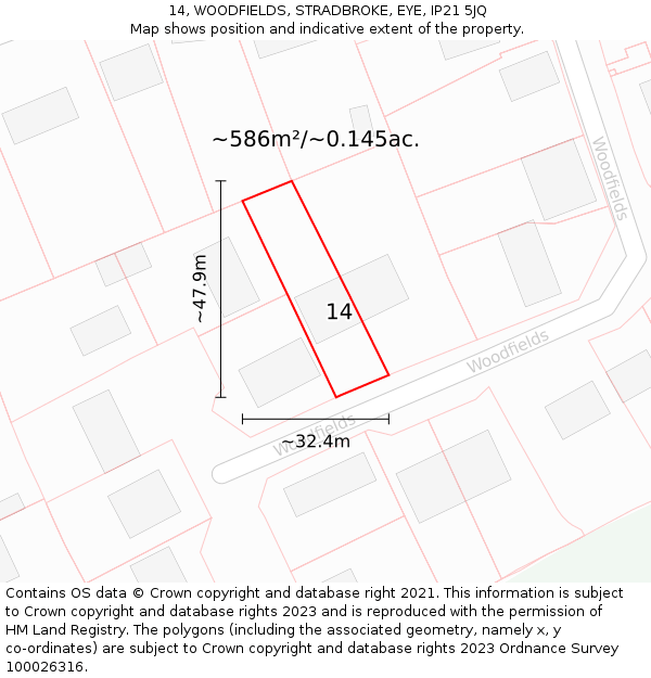 14, WOODFIELDS, STRADBROKE, EYE, IP21 5JQ: Plot and title map