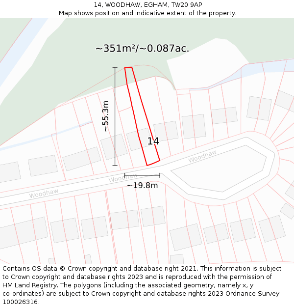 14, WOODHAW, EGHAM, TW20 9AP: Plot and title map