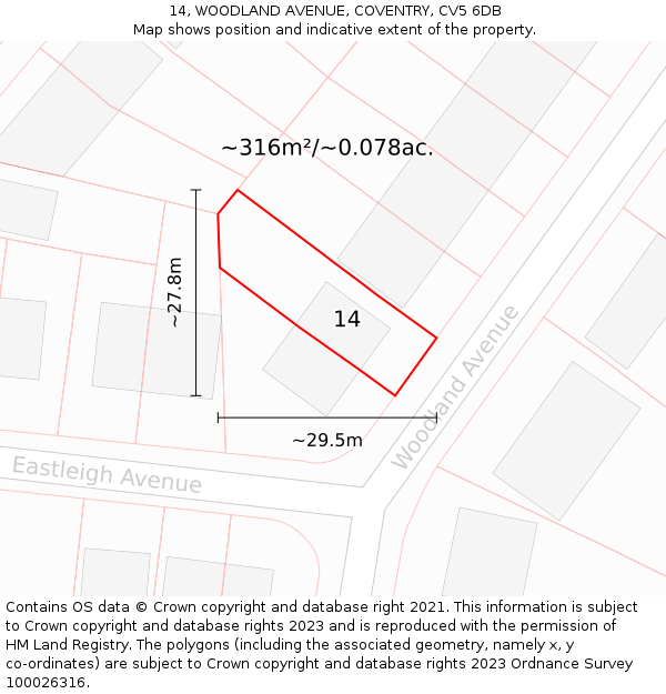 14, WOODLAND AVENUE, COVENTRY, CV5 6DB: Plot and title map