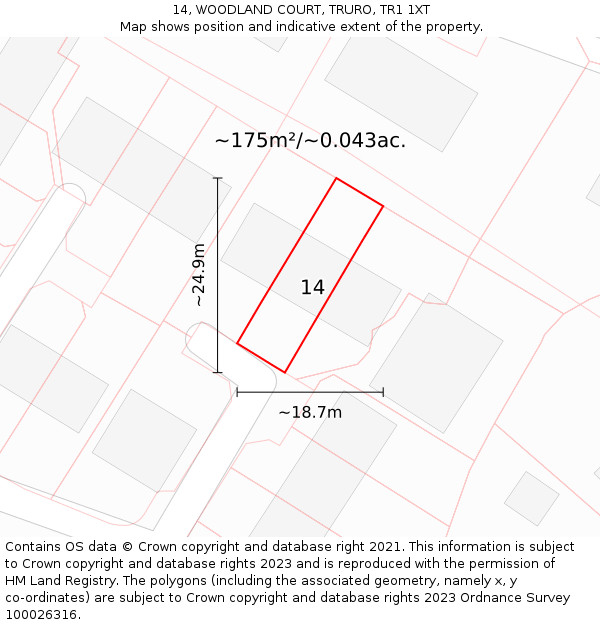 14, WOODLAND COURT, TRURO, TR1 1XT: Plot and title map