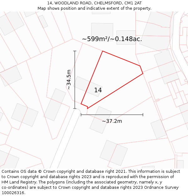 14, WOODLAND ROAD, CHELMSFORD, CM1 2AT: Plot and title map