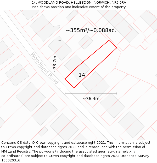 14, WOODLAND ROAD, HELLESDON, NORWICH, NR6 5RA: Plot and title map