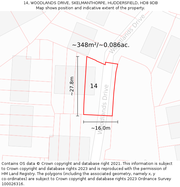 14, WOODLANDS DRIVE, SKELMANTHORPE, HUDDERSFIELD, HD8 9DB: Plot and title map