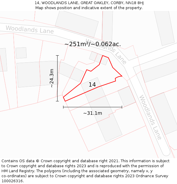 14, WOODLANDS LANE, GREAT OAKLEY, CORBY, NN18 8HJ: Plot and title map