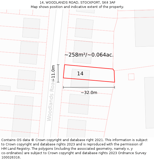 14, WOODLANDS ROAD, STOCKPORT, SK4 3AF: Plot and title map