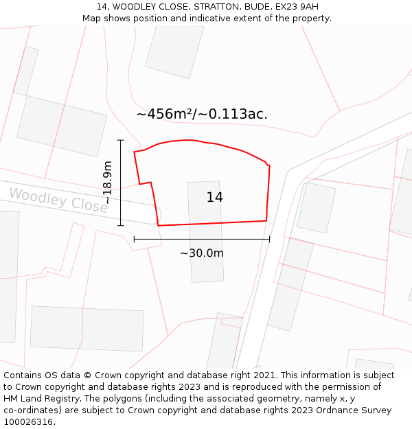 14, WOODLEY CLOSE, STRATTON, BUDE, EX23 9AH: Plot and title map