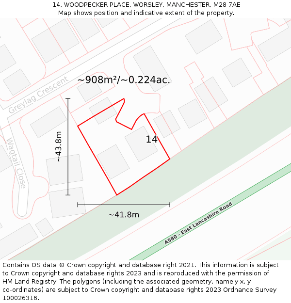 14, WOODPECKER PLACE, WORSLEY, MANCHESTER, M28 7AE: Plot and title map