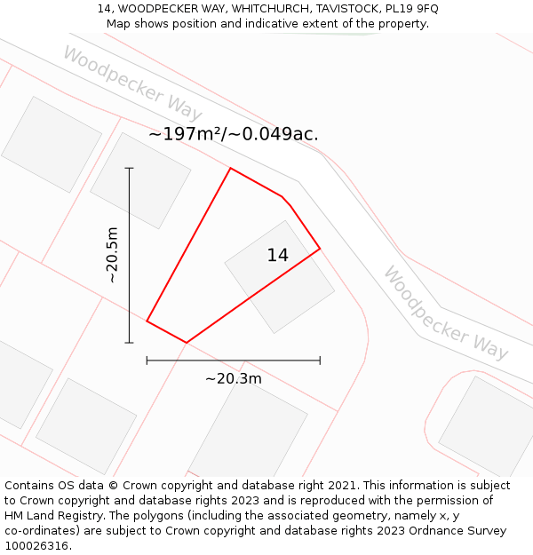 14, WOODPECKER WAY, WHITCHURCH, TAVISTOCK, PL19 9FQ: Plot and title map
