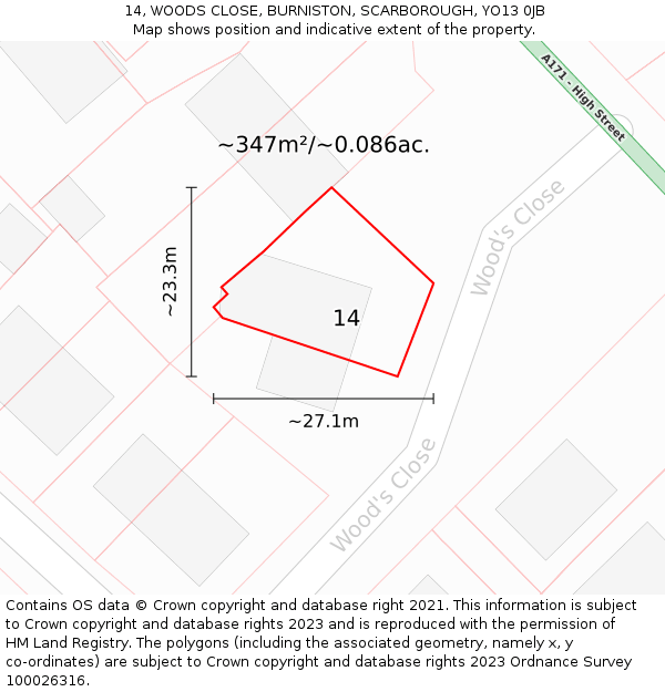 14, WOODS CLOSE, BURNISTON, SCARBOROUGH, YO13 0JB: Plot and title map