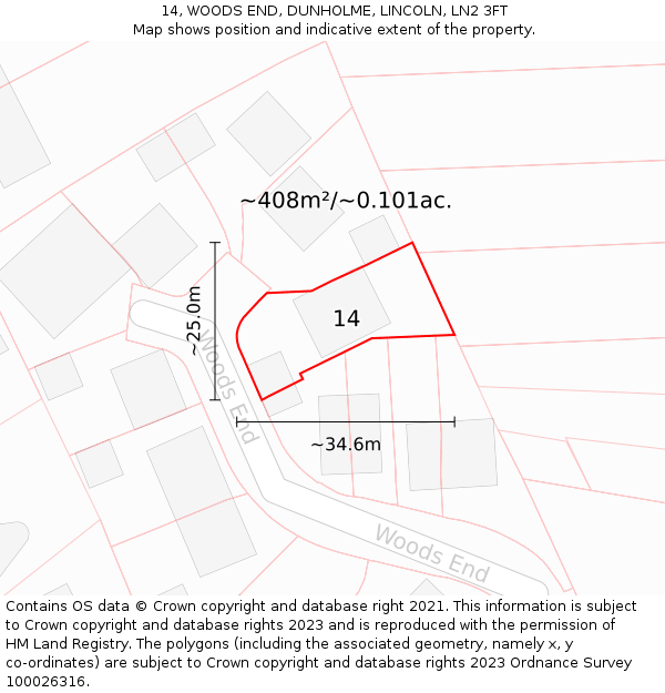 14, WOODS END, DUNHOLME, LINCOLN, LN2 3FT: Plot and title map