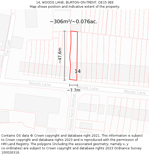 14, WOODS LANE, BURTON-ON-TRENT, DE15 9EE: Plot and title map