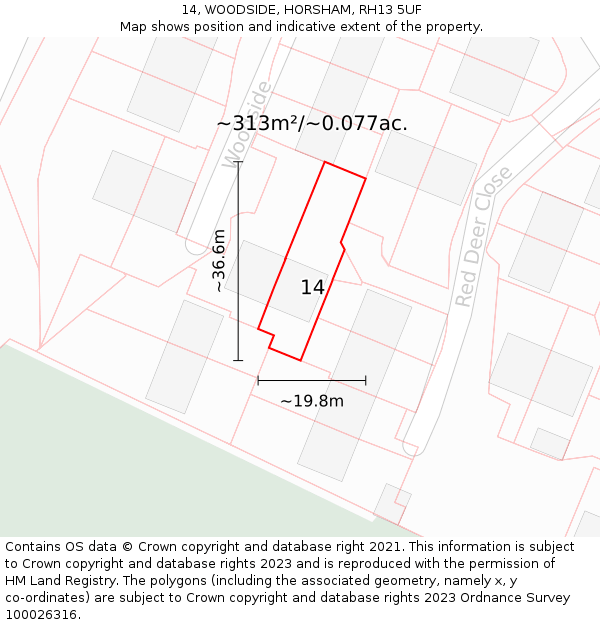 14, WOODSIDE, HORSHAM, RH13 5UF: Plot and title map