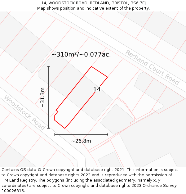 14, WOODSTOCK ROAD, REDLAND, BRISTOL, BS6 7EJ: Plot and title map