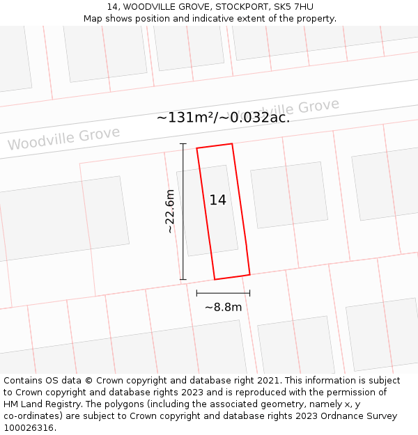 14, WOODVILLE GROVE, STOCKPORT, SK5 7HU: Plot and title map