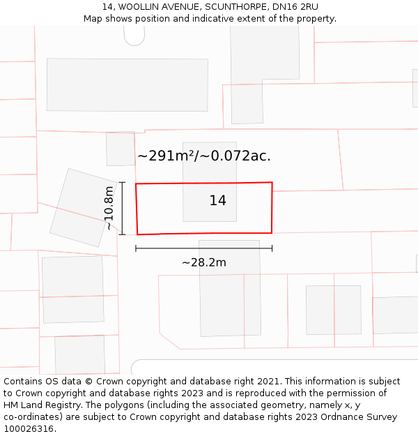 14, WOOLLIN AVENUE, SCUNTHORPE, DN16 2RU: Plot and title map