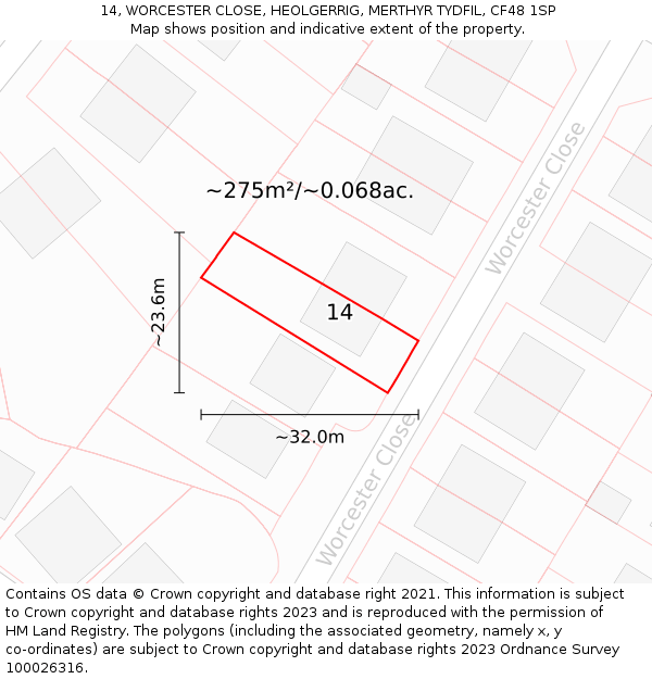 14, WORCESTER CLOSE, HEOLGERRIG, MERTHYR TYDFIL, CF48 1SP: Plot and title map