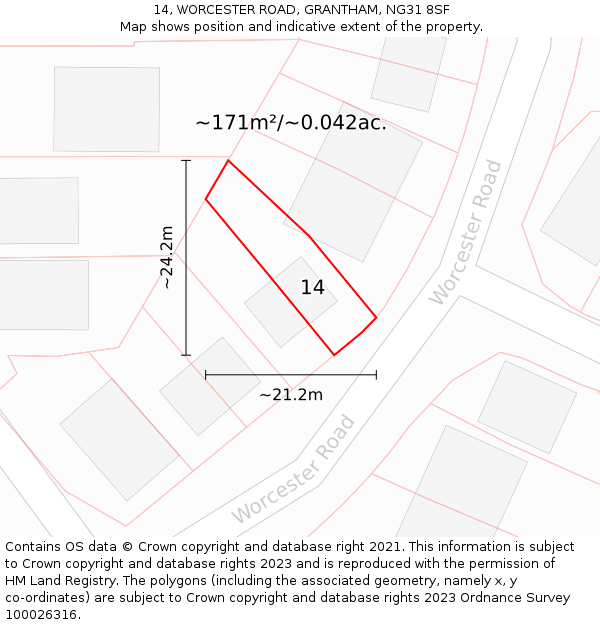 14, WORCESTER ROAD, GRANTHAM, NG31 8SF: Plot and title map