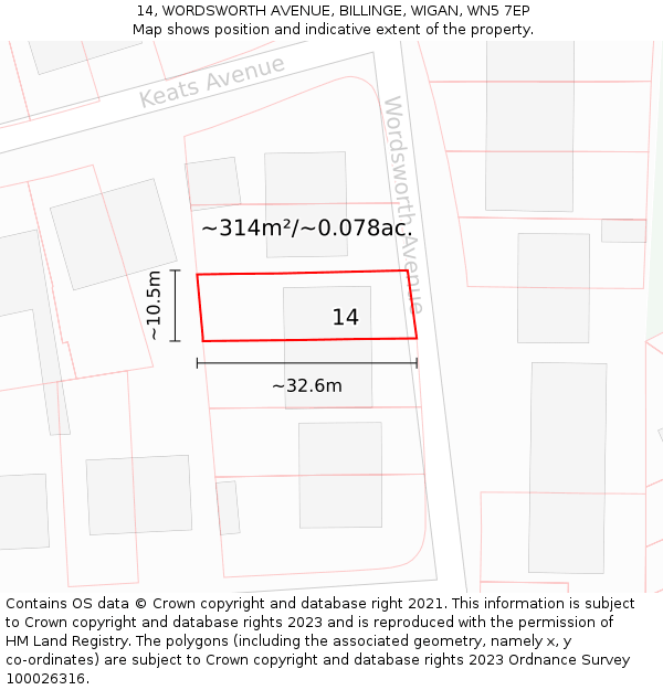 14, WORDSWORTH AVENUE, BILLINGE, WIGAN, WN5 7EP: Plot and title map
