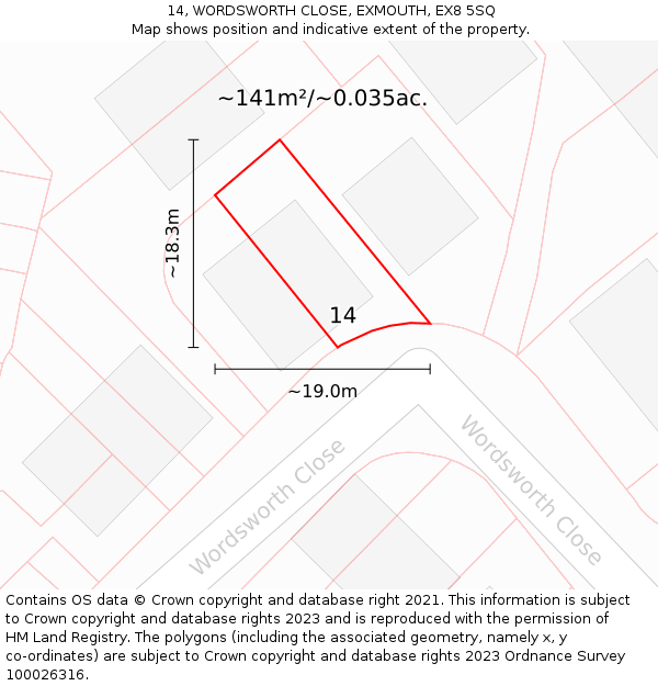 14, WORDSWORTH CLOSE, EXMOUTH, EX8 5SQ: Plot and title map
