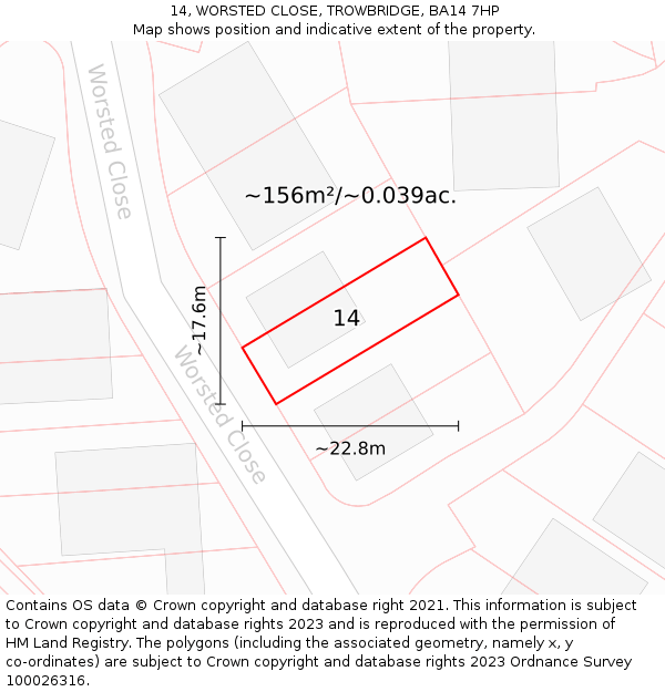 14, WORSTED CLOSE, TROWBRIDGE, BA14 7HP: Plot and title map
