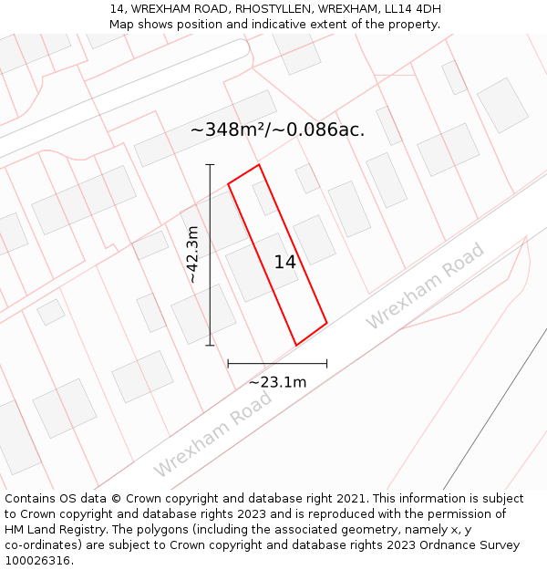 14, WREXHAM ROAD, RHOSTYLLEN, WREXHAM, LL14 4DH: Plot and title map