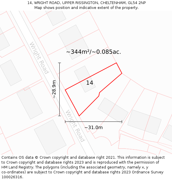 14, WRIGHT ROAD, UPPER RISSINGTON, CHELTENHAM, GL54 2NP: Plot and title map