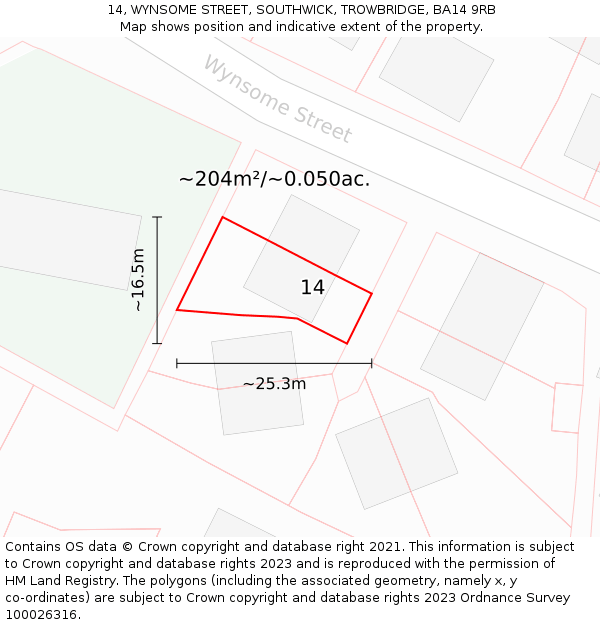14, WYNSOME STREET, SOUTHWICK, TROWBRIDGE, BA14 9RB: Plot and title map