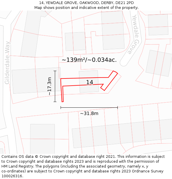 14, YEWDALE GROVE, OAKWOOD, DERBY, DE21 2PD: Plot and title map