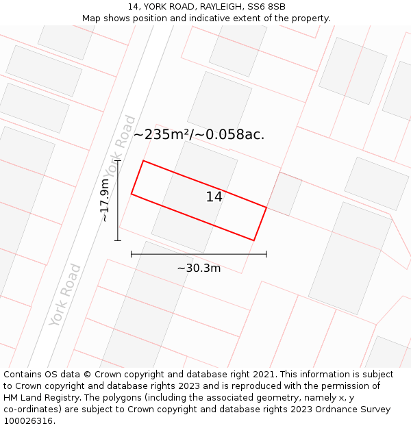 14, YORK ROAD, RAYLEIGH, SS6 8SB: Plot and title map