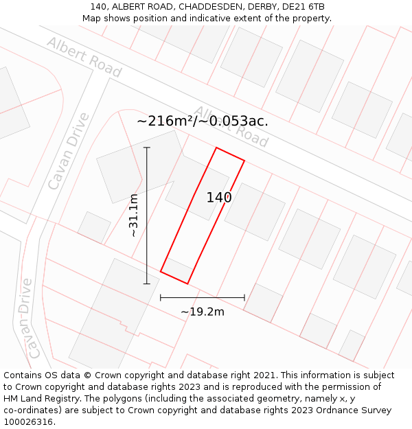 140, ALBERT ROAD, CHADDESDEN, DERBY, DE21 6TB: Plot and title map