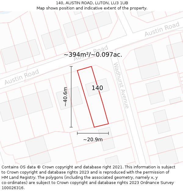 140, AUSTIN ROAD, LUTON, LU3 1UB: Plot and title map