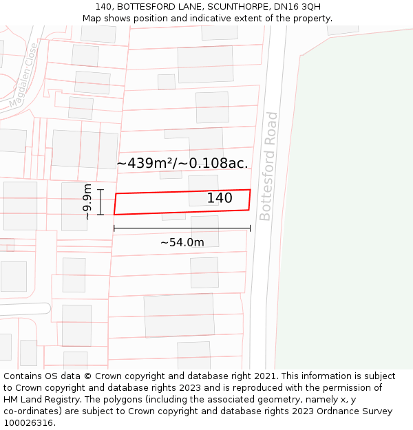 140, BOTTESFORD LANE, SCUNTHORPE, DN16 3QH: Plot and title map