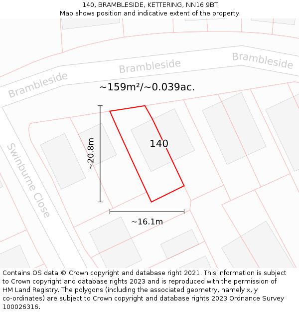 140, BRAMBLESIDE, KETTERING, NN16 9BT: Plot and title map
