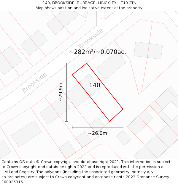 140, BROOKSIDE, BURBAGE, HINCKLEY, LE10 2TN: Plot and title map