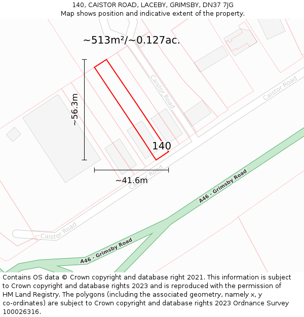 140, CAISTOR ROAD, LACEBY, GRIMSBY, DN37 7JG: Plot and title map