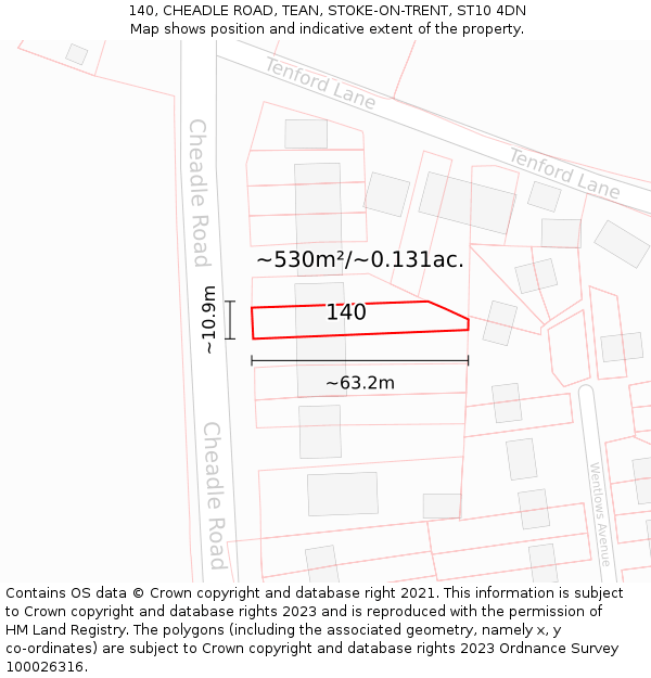 140, CHEADLE ROAD, TEAN, STOKE-ON-TRENT, ST10 4DN: Plot and title map