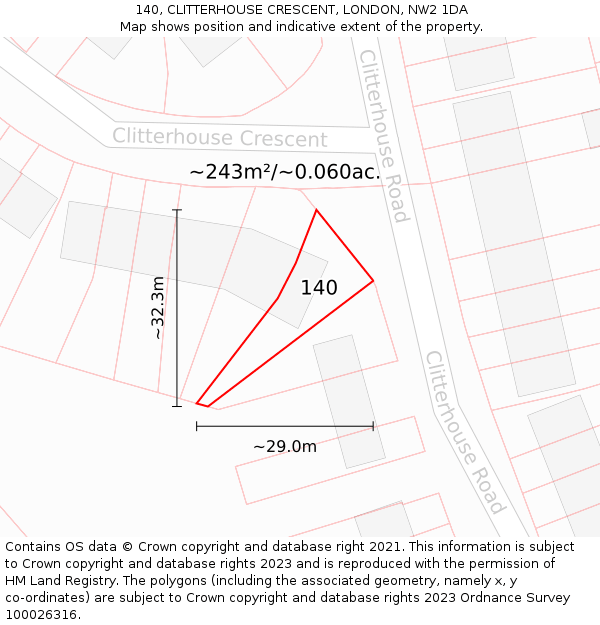 140, CLITTERHOUSE CRESCENT, LONDON, NW2 1DA: Plot and title map