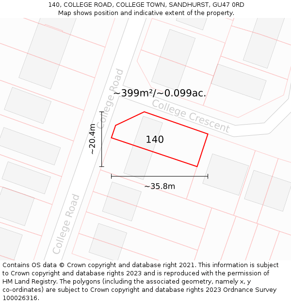 140, COLLEGE ROAD, COLLEGE TOWN, SANDHURST, GU47 0RD: Plot and title map